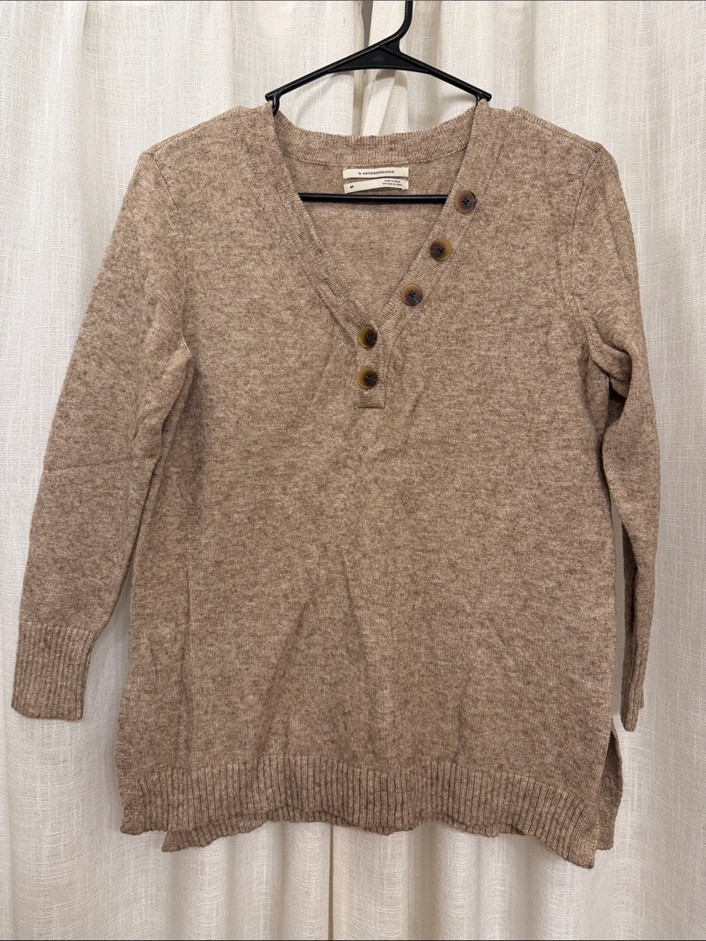 Anthropologie Taupe Button-Accent V-Neck Sweater